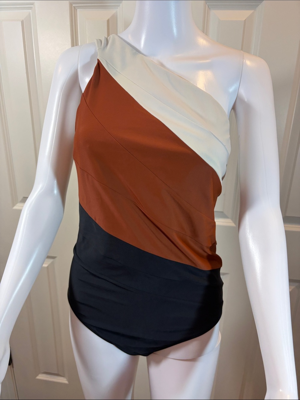 summersalt One-Shoulder Swimsuit in Rust, Cream, and Black